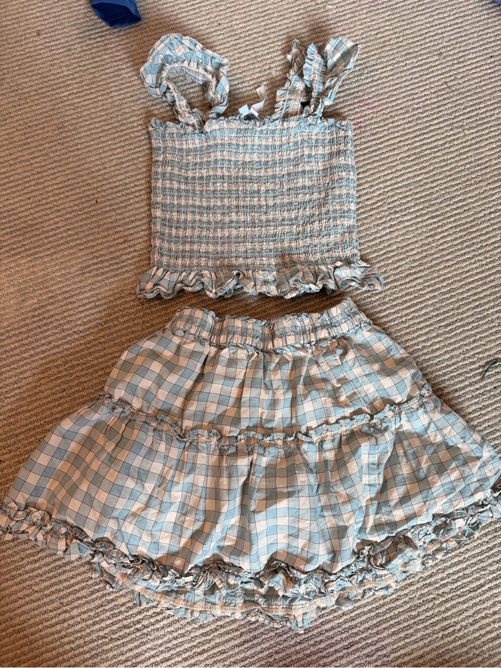 Hill House Girls Blue and Cream Plaid Ruffle Skirt Set